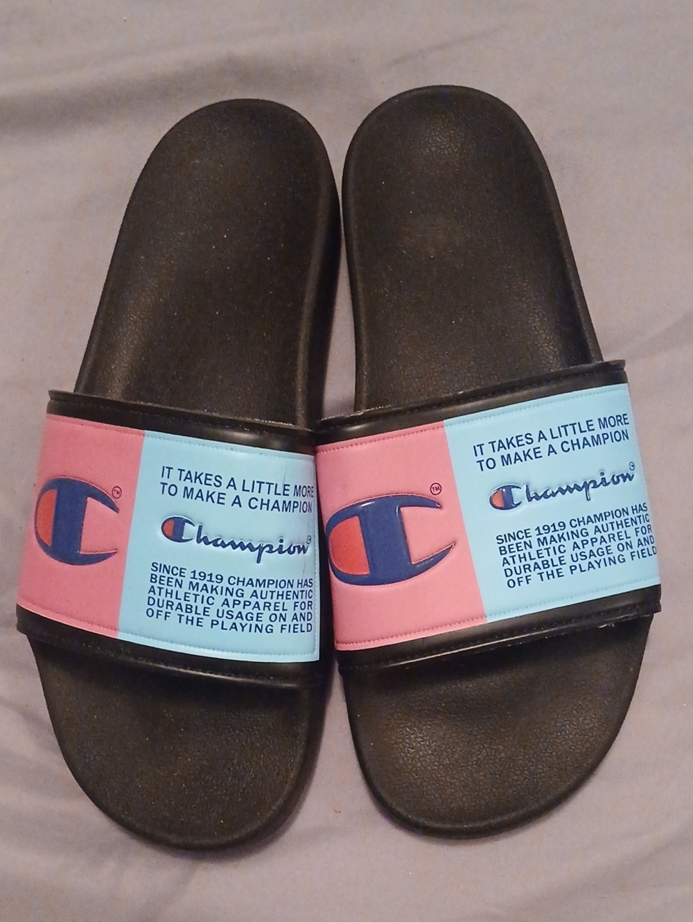 Champion Mens Slide Sandals in Black with Pink & Light Blue Strap